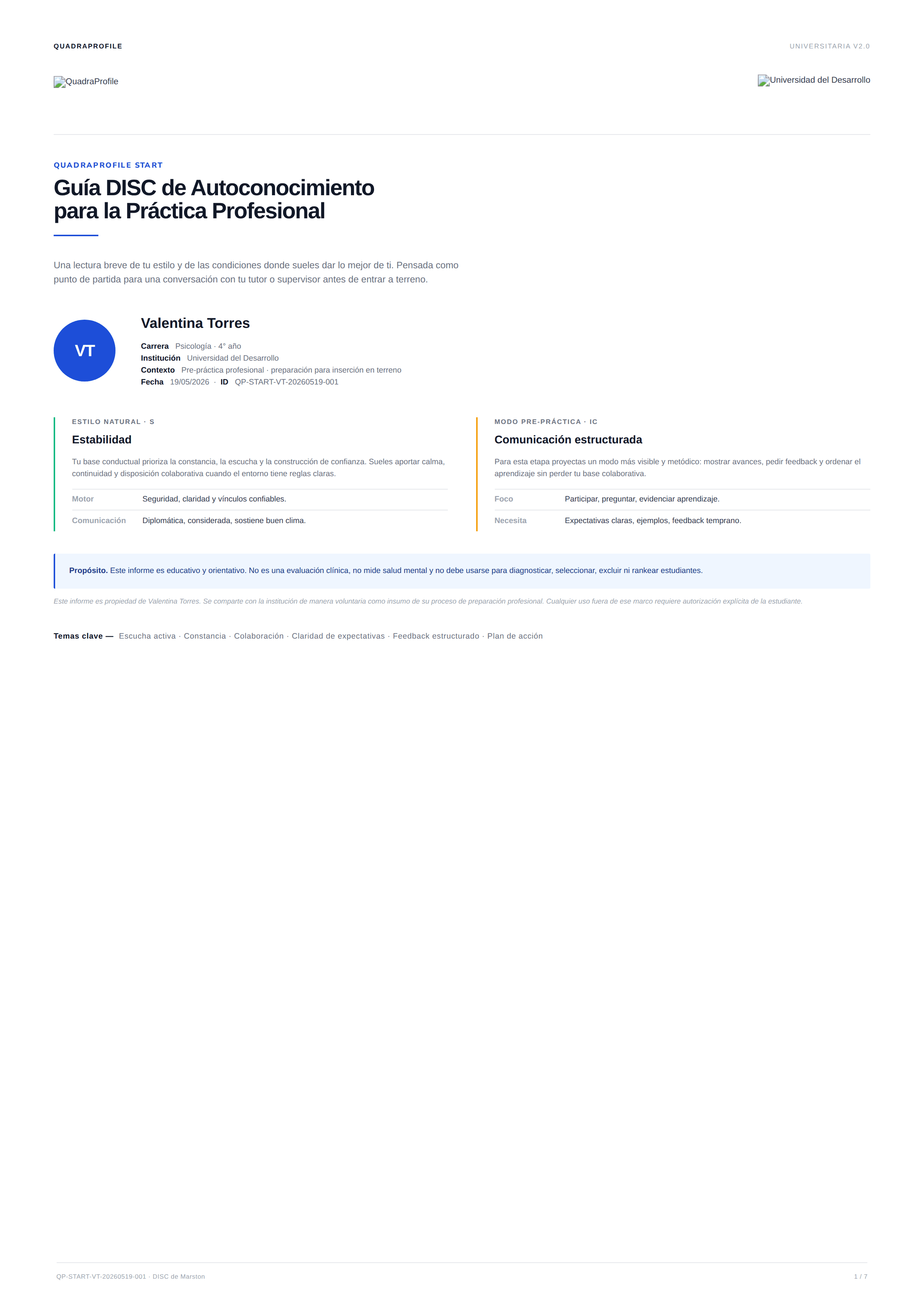 Portada del reporte DISC educacional con datos del estudiante